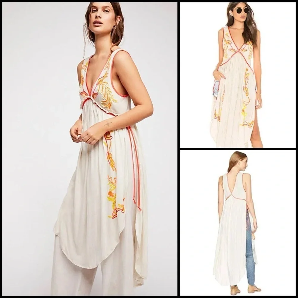 Free People Summer Lovin Embroidered Asymmetrical Boho Tunic Top Dress Size XS